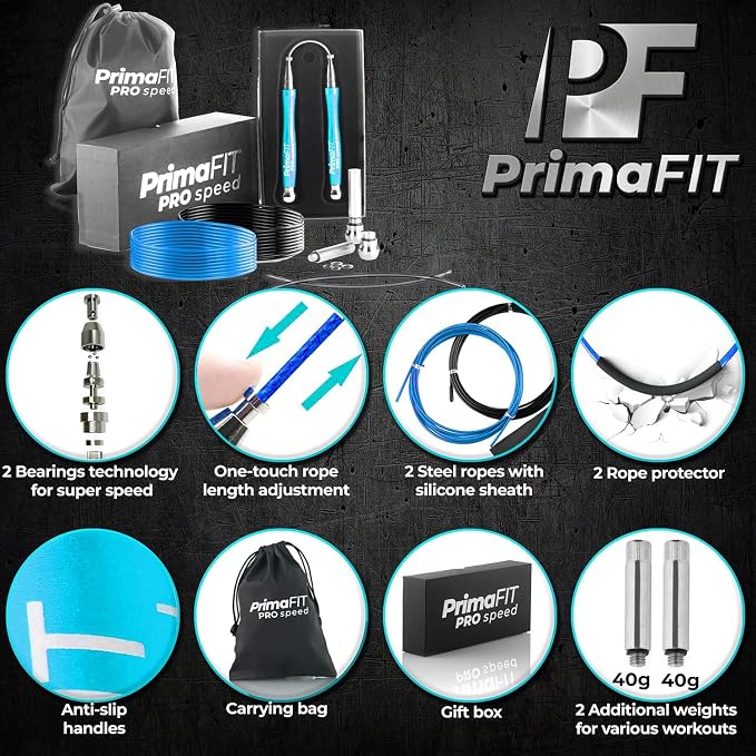 PrimaFIT Pro Speed Jump Rope for Adults, Weighted Skipping Rope for Boxing | Adjustable Jumping Rope for Fitness Workout & CrossFit Exercise, Double Unders, Handle Weights, 3m Cables 2 Protectors, Bag