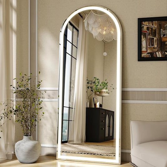 LED Arched Full Length Mirror with Lights 65"x24" | Lighted Floor Mirror with Dimming & 3 Color Lighting, Aluminum Frame Standing Leaning or Hanging for Cloakroom White