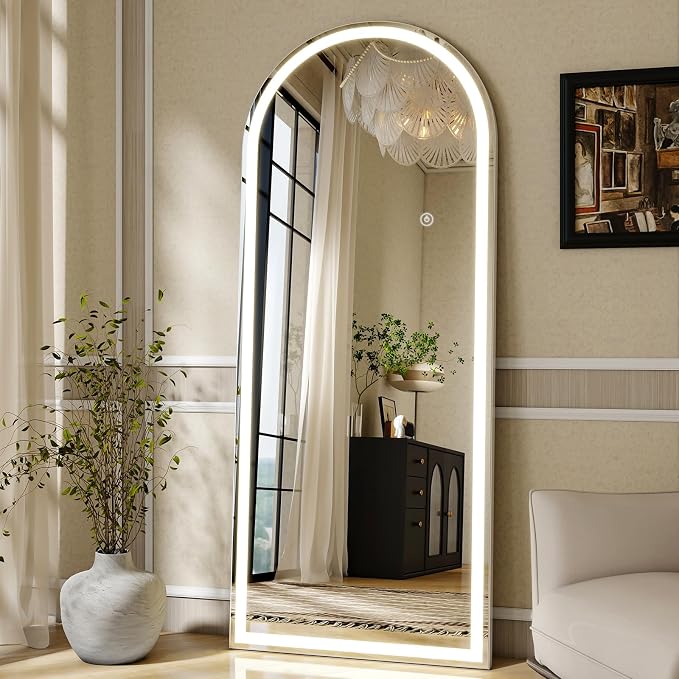 LED Arched Full Length Mirror with Lights 65" x26 Aluminum Frame | Floor Mirror with Dimming & 3 Color Lighting, Standing Leaning or Hanging for Bedroom Cloakroom White