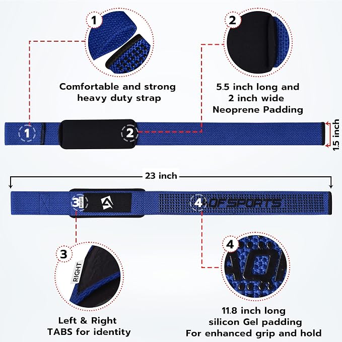 AQF Weight Lifting Straps, Padded Cotton Gym Wrist Straps for Deadlifts | 23" Extra-Long, Heavy-Duty Webbing, 5mm Neoprene Cushioning, Open-Loop Design, Sold as Pair, Ideal for Rows & Pull Workout
