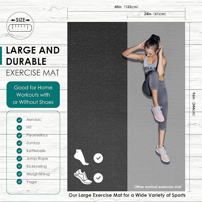 Large Exercise Mat, 8' x 6'/8' x 4'/6' x 4' Extra Durable Workout Mats for Home Gym Flooring, High-Density Gym Mats Cardio Mat for Jump Rope, MMA, Stretch, HIIT, Shoe-Friendly, Non-Slip, Non-Toxic
