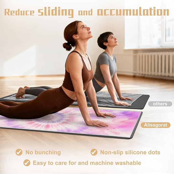 Yoga Mat Towel Non Slip Ultra-Absorbent Hot Yoga Towel, Super Stylish Printed Sweat Hot Yoga Towel, Ideal for Home, Workouts, Pilates, Yoga, 72 x 27in, Purple & Pink Tie Dye