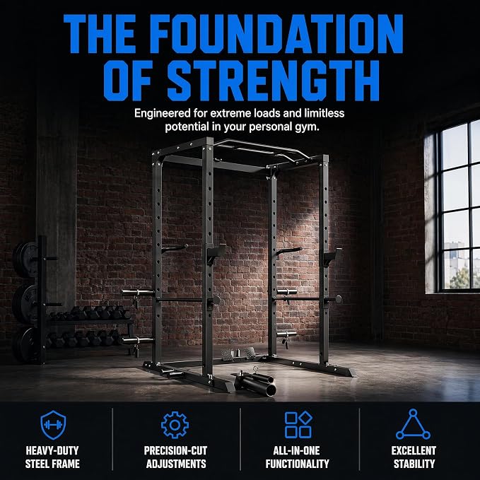 5-in-1 Power Rack Heavy Duty Home Gym | 5 Configs: Only, +Pulley, +Bench, +150LB, +240LB. 1200LB, 50x50mm, 83"H. J-Hooks, Safety Bars, Landmine. Olympic 2" Plates.