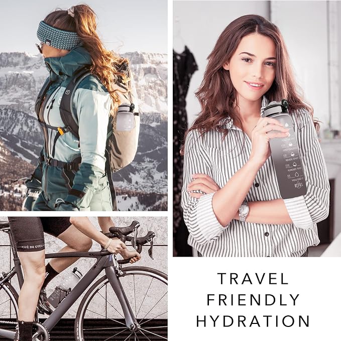 Hyeta Water Bottle with Straw & Time Marker, Plastic 32oz Leakproof | Motivational Tritan BPA Free Gym Office Outdoor Intake Tracker Hourly Reminder Straw Lid Carry Strap