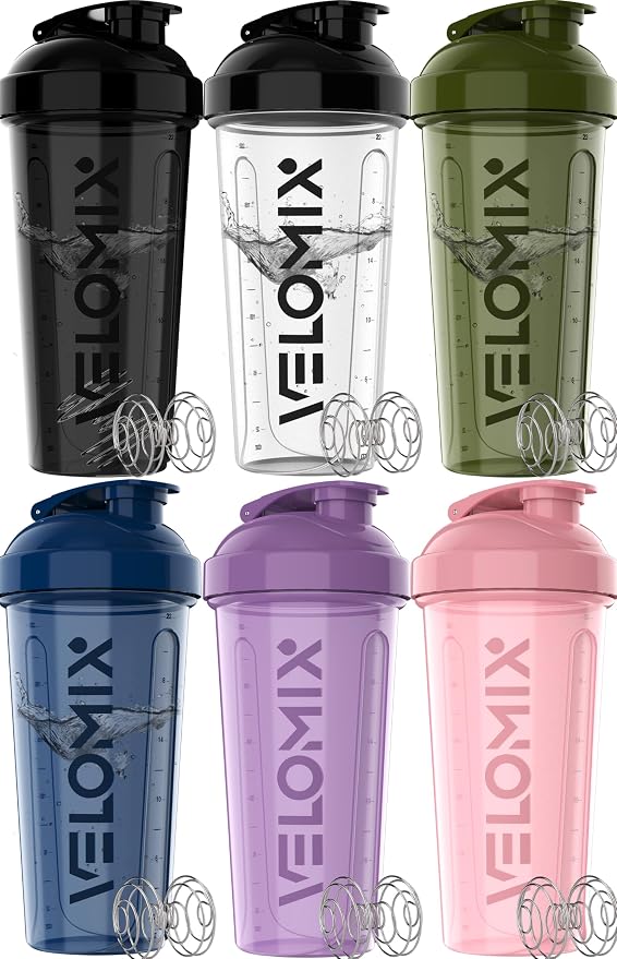 VELOMIX 6 Pack 28oz Protein Shaker Bottle, Dynamic Fuel Series | 6x Wire Whisk, Leak Proof Shaker Cups for Protein Shakes, Stackable, Dishwasher safe, BPA free, Pre Workout and Gym ready