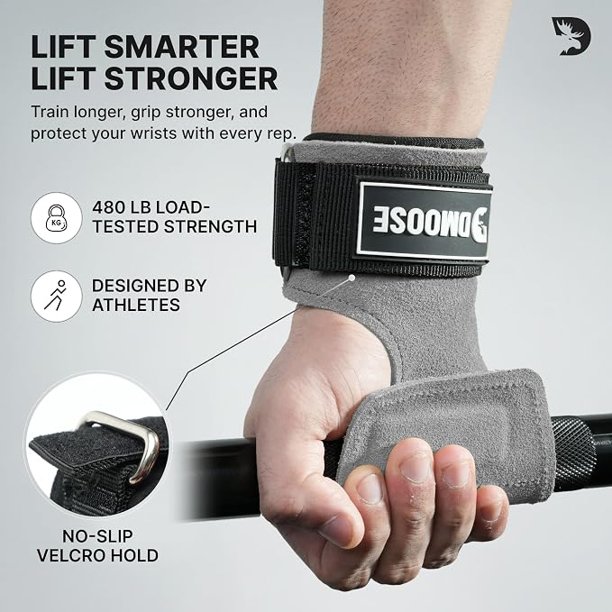 DMoose Fitness Weight Lifting Hooks (Pair) for Deadlifts, Pull Ups, Rows & Shrugs - Anti-Rip Nylon Strap Hand Grips with Thick Wrist Padding - Heavy Duty Wrist Straps for Weightlifting & Gym Workouts