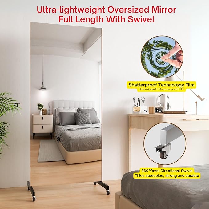 Home Gym Mirror 360° Swivel on Wheels, 75" X 36" Extra Large Full Body Rolling for Yoga, Nano Film Super Lightweight Unbreakable Full Length Mirror, （Black）