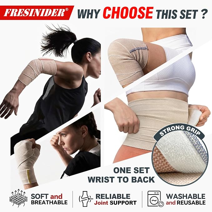 FRESINIDER Premium Elastic Bandage Wrap 8 Pack, 2-6 Inch, Hook and Loop | Assorted-Width Cotton Compression Set Covers Wrist, Ankle, Knee and Thigh; Secure Ends for Full-Body Support and First Aid.