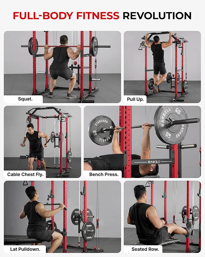Mikolo K6 2.0 Power Cage, Power Rack with Cable Crossover System, 2000LBS Squat Rack with LAT Pull Down System, Functional Trainer with Aluminum Pulley System for Home Gym