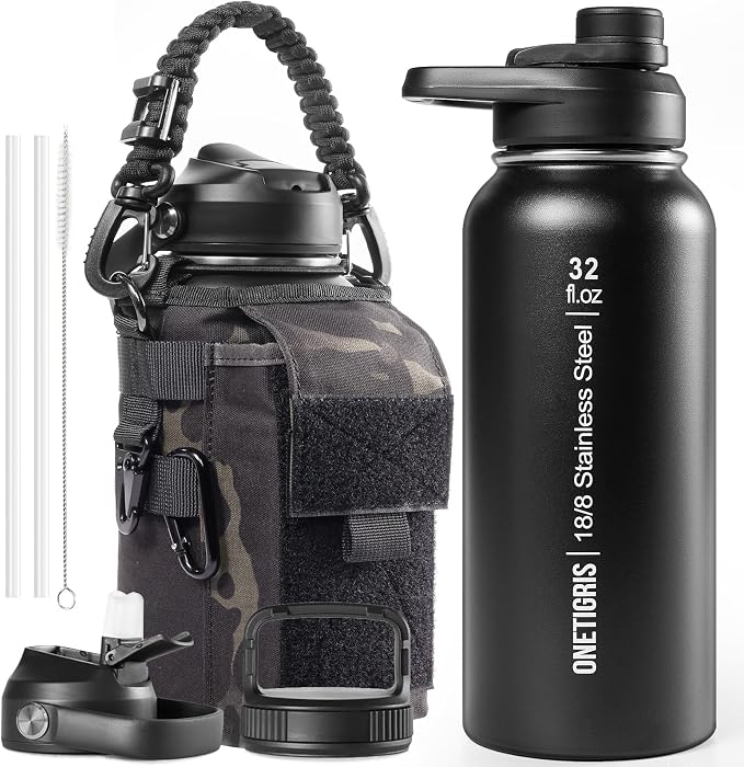 ONETIGRIS 32oz Insulated Tactical Water Bottle with Straw & MOLLE Sleeve | 3 Lids,Keeps Ice Cold 48H Hot 24H,304 Food-Grade Stainless Steel,360° Leakproof Silicone Seal,2 Straws Kit,Paracord Handle