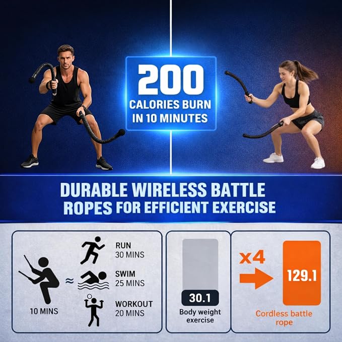 Cordless Battle Ropes (2 PCS) – Portable Weighted Ropeless Battle Rope Sticks with Hand Gloves for HIIT Workout, Home Gym Strength & Cardio Training (Black & Orange)