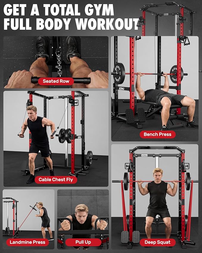 RH01 Power Cage Rack, 2000LBS Squat Rack with with Cable Crossover System&LAT Pull Down System, Multi-Function Workout Cage for Home&Garage Gym