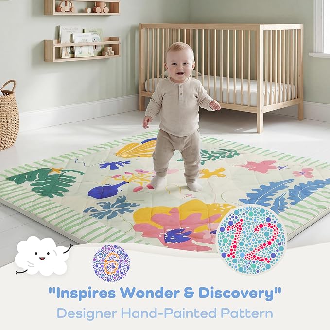 1.6" Thick Baby Play Mat, 50x50 Removable & Machine Washable Cover | Padded Memory Foam, Non-Slip Backing, 100% Baby-Safe Materials, Tummy Time Crawling, Outdoor, Bedroom, Living Room, Nursery