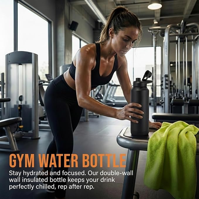 32 oz Metal Stainless Steel Insulated Water Bottle | Sports Black Water Bottle Leak Proof with Spout Lid & Handle Lids,Keep Cold for 24 Hrs Hot for 12 Hrs,For Gym,Men,