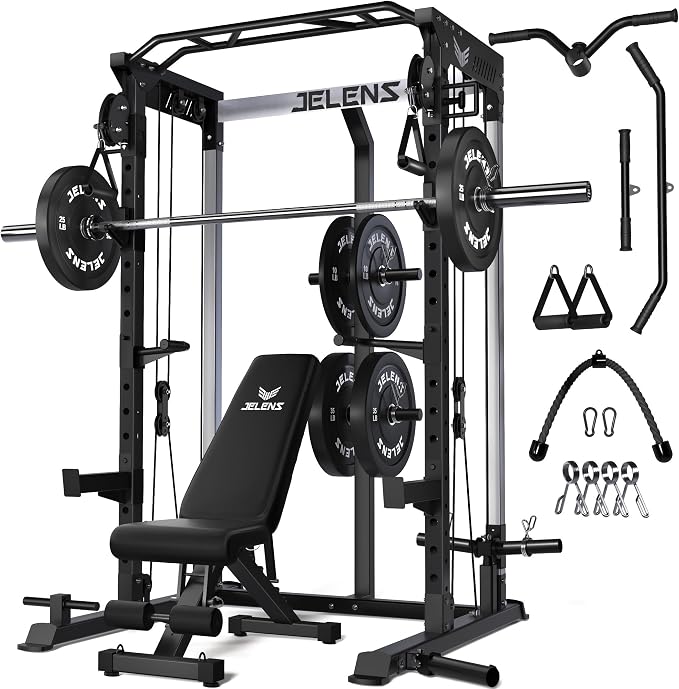 JELENS C21 Power Cage, 2000LBS Multi-Function Power Rack with Independent Dual Pulley System, All-in-One Squat Rack for Cable Crossover, Home Gym Workout Machine