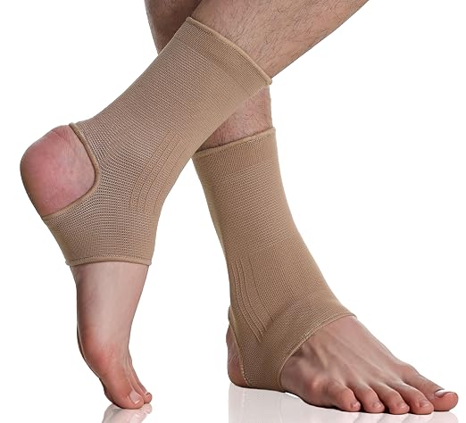 NeoTech Care Ankle Support Sleeve - Open Heel, Light, Elastic & Breathable Knitted Fabric - Medium Compression - For Men, Women, Kids - Right or Left Foot (Beige Color, Size M, 1 Pair)