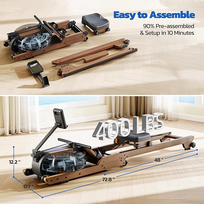 Dripex Water Rowing Machines for Home, Foldable Row Machine with 400LBS Weight Capacity, Rower Machine with Dedicated LCD Monitor, Comfortable Seat, Bluetooth App Compatible for Home Gym Exercise