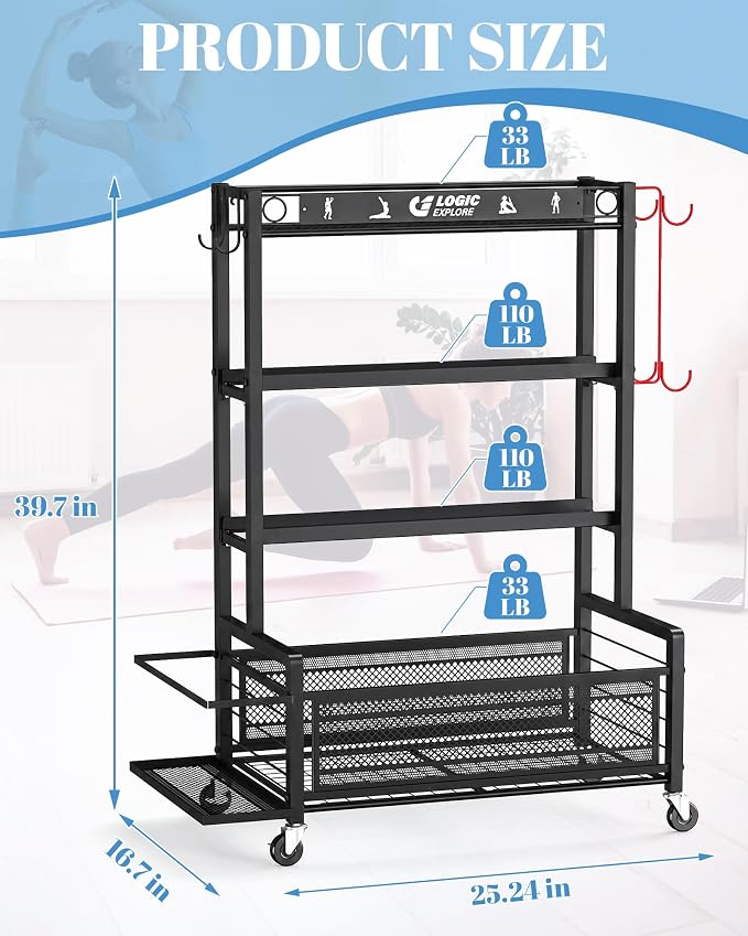 Dumbbell Rack Weight Storage Rack | Adjustable Weight Rack with Wheels, for Home Gym, for Dumbbells, Kettlebells, Yoga Mat, Foam Roller,Workout Equipment