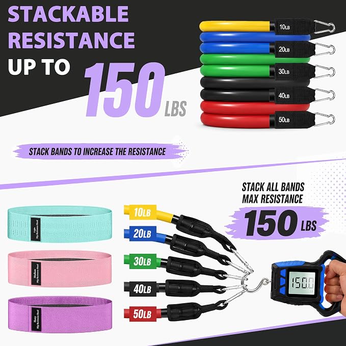 WHATAFIT Resistance Bands with Handles, 5-Level Exercise Bands for Workout | Natural latex,10-50 lbs, stackable to 150,Ankle Straps, Door Anchor,Guide. For Strength, Yoga,Home Gym,Travel & Workout.