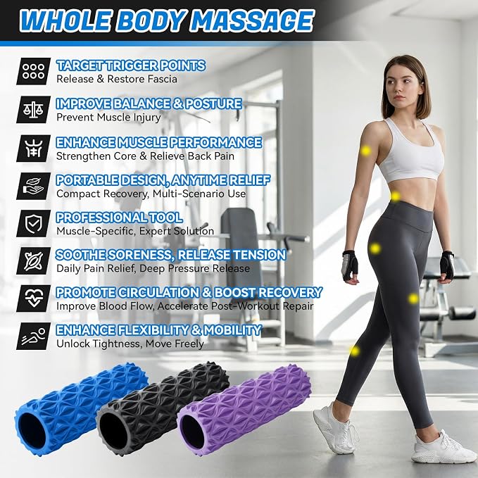 Foam Roller High Density Deep Tissue Massager for Muscle Massage | Exercise Roller Myofascial Trigger Point Release Improves Mobility Massage of Back and Leg Muscles - 15" (Purple)