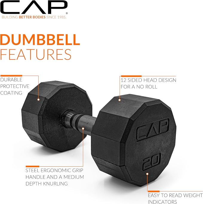 CAP Rubber Coated Dumbbell Weights, Free Weights for Home Gym Strength Training, Anti-Roll Hex Dumbbells with Black, Chrome & Comfort Grip Handles, Pairs & Sets
