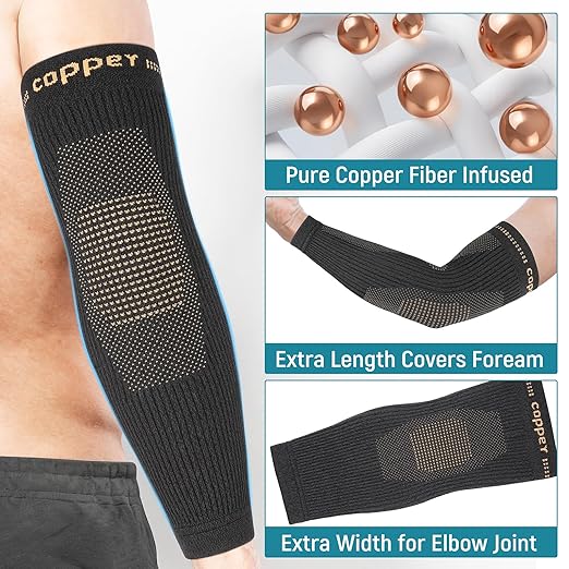 Copper Elbow Compression Sleeve, Extends to Forearm, Snug Fit, Large | Copper Infused, Extended Coverage, Tennis Elbow Brace, Weightlifting, Tendonitis, Golfers Elbow Pain Relief