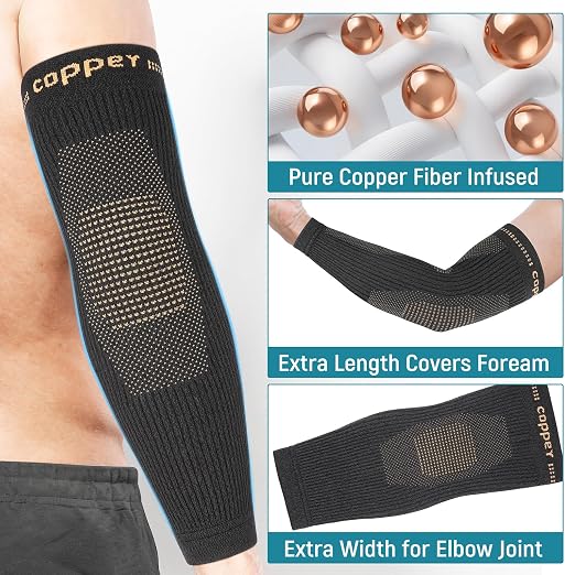 Copper Elbow Compression Sleeve, Extends to Forearm, Snug Fit, Medium | Copper Infused, Extended Coverage, Tennis Elbow Brace, Weightlifting, Tendonitis, Golfers Elbow Pain Relief