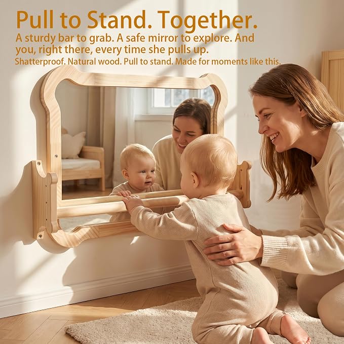 Montessori Baby Mirror with Pull Up Bar, Shatterproof Toddler Pull to Stand | CPC safe natural wood wall mount toy for nursery daycare classroom, ideal infant developmental gift 6-18 months.