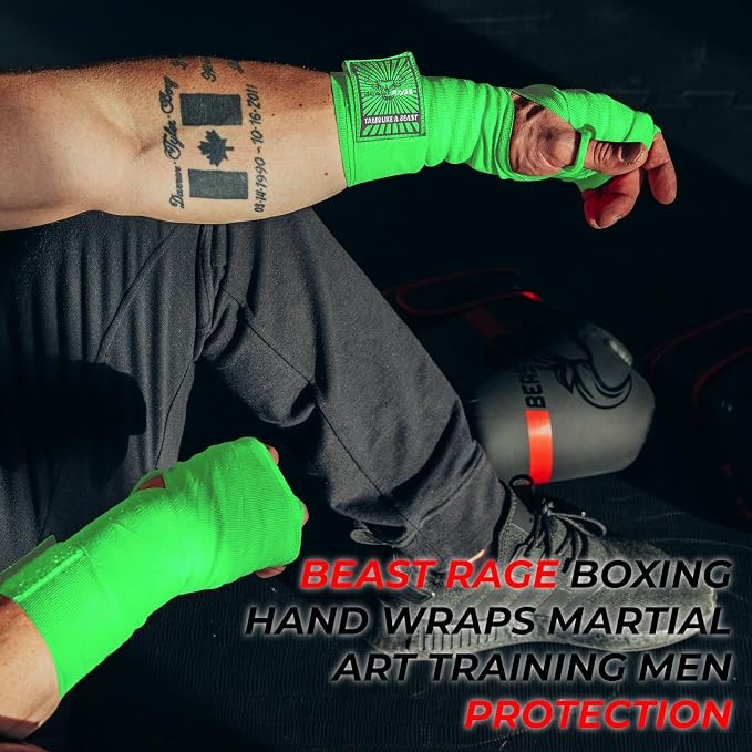 BEAST RAGE Boxing Hand Wraps for MMA Kickboxing Wrist Wraps Professional Adult 180" Semi-Elastic Martial Arts Inner Gloves Heavy Bag Handwraps Muay Thai Thumb Straps