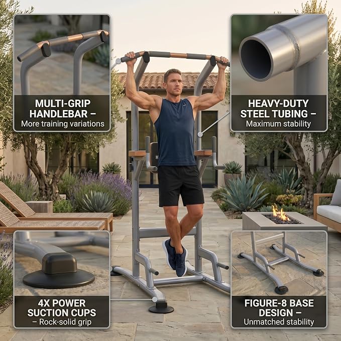 Multi-Function Power Tower Pull Up Bar Station with Pilates Resistance Bands, 450LBS Stable Pull Up Dip Station with Push Up Handles for Home Gym Strength Training Equipment