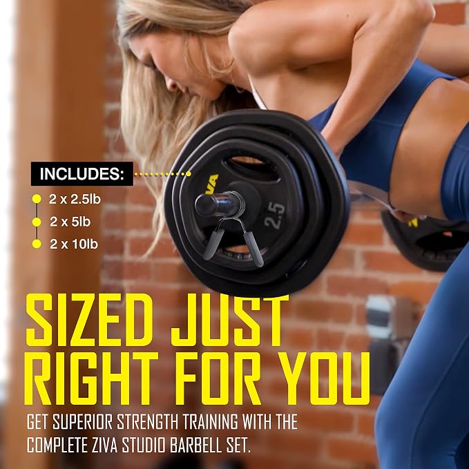 ZIVA 35lb Studio Barbell Weight Set – Adjustable Home Gym Kit with Standard Rubber Urethane Plates, 5' Chrome Bar (1.18" diam) & Collars | Extra Plates Not Included