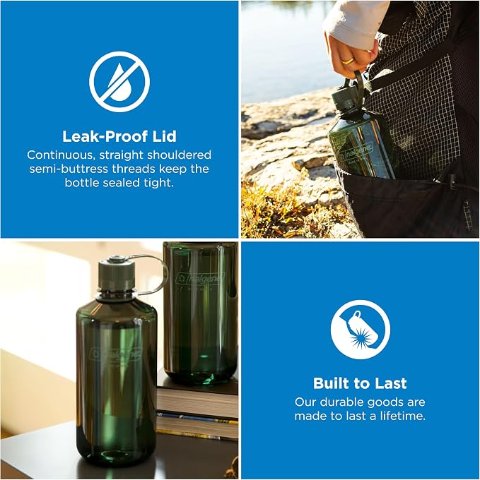 Nalgene 32 oz Narrow Mouth Water Bottle, Jade | BPA-Free, Durable & Lightweight, Leak Proof, Dishwasher Safe, Large Reusable Plastic Bottle for Hiking, Gym, Work & Travel