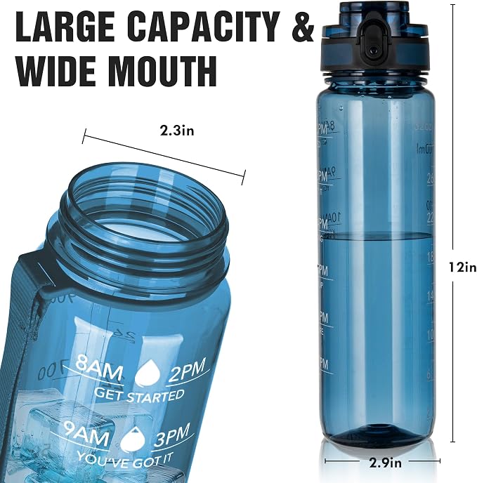 OLDLEY Water Bottle, 32oz Motivational Sports Water Bottle with Time Marker - Times to Drink - Tritan, BPA Free, Wide Mouth Leakproof,Midnight Blue