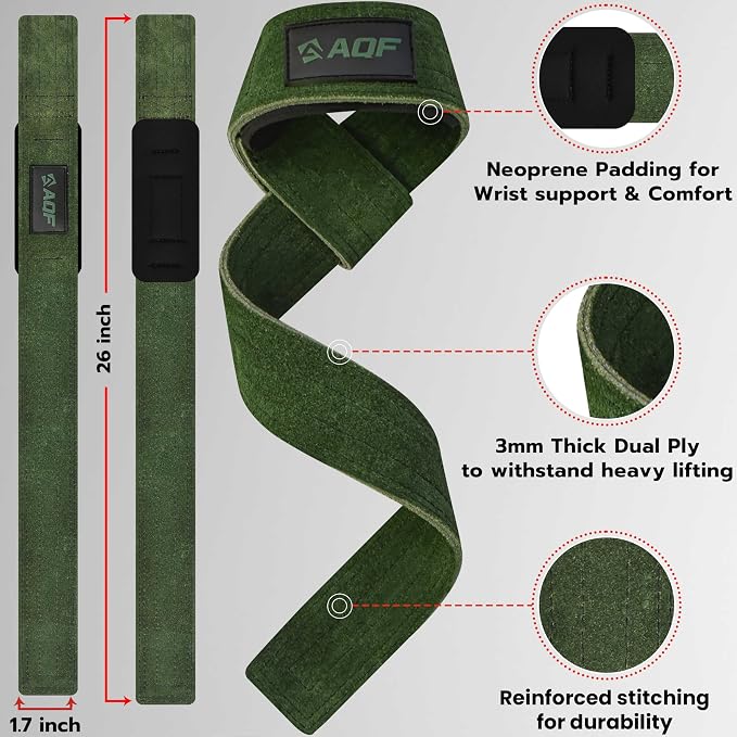 AQF Leather Weight Lifting Straps, Heavy Duty Wrist Strap for Powerlifting | Premium Suede Leather, Handcrafted Construction, Reinforced Dual Stitching, 3 mm thick & 66cm long, Sold as a Pair