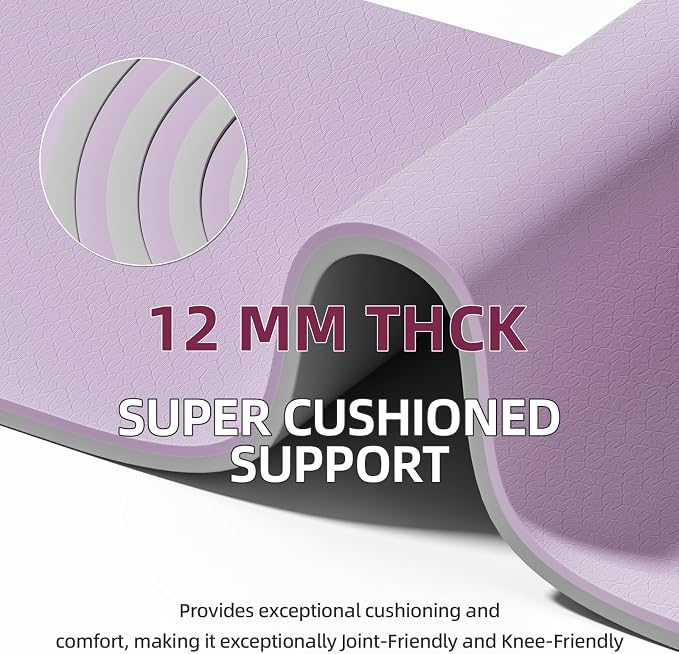 Extra Thick 12mm TPE Exercise Yoga Mat with Strap, 72"L x 24.8"W Non-slip Workout Mat for gymnastics, Pilates, Home, Workout, Gym Floor Fitness