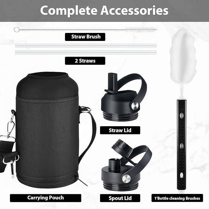 128oz Insulated Water Bottle, Triple Wall Vacuum Stainless Steel Bottle, 48H Cold & 24H Hot, Leak-Proof BPA-F Jug with Straw & Spout Lids for Sports & Outdoor