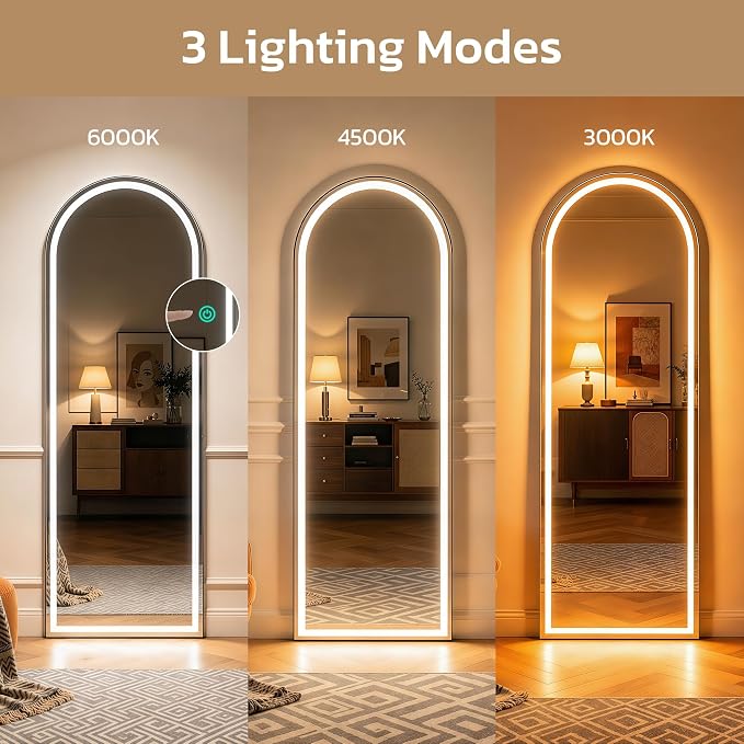 63"x20" Arched Full Length Mirror with LED Lights, Body Floor Mirror with Dimming & 3 Color Lighting, Mirror Full Length for Home Wall Decor, Tall Arch Aluminum Frame for Bedroom Cloakroom