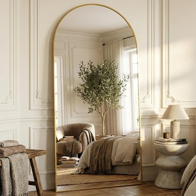 Suidia 81"x41" Arched Full Length Mirror with Stand, Full Body Mirror with Aluminum Frame, Freestanding/Leaning/Wall-Mounted, Floor Mirrors for Bedroom, Living Room, Entryway, Dressing Room, Gold