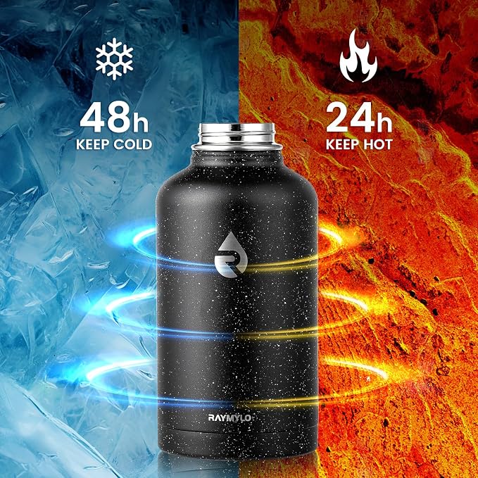 RAYMYLO Insulated Water Bottle 64 oz, Triple Wall Vacuum Stainless Steel | (Cold for 48 Hrs), Leak Proof & Non-BPA, Half Gallon Water Flask Jug with Paracord Handle & Straw Spout Lids