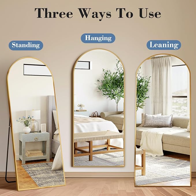 DUMOS 59"x16" Arched Full Length Mirror with Stand, Floor Standing Aluminum Frame, Shatter-Proof Nano Glass for Bedroom, Living Room, Cloakroom – Modern Simple Home DecorHanging or Leaning,Gold