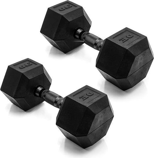 CAP Rubber Coated Dumbbell Weights, Free Weights for Home Gym Strength Training, Anti-Roll Hex Dumbbells with Black, Chrome & Comfort Grip Handles, Pairs & Sets