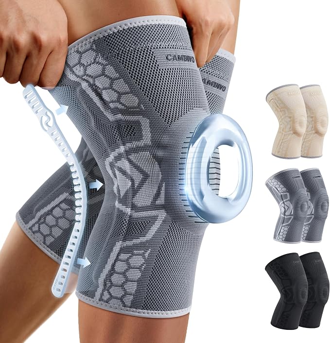 CAMBIVO Knee Brace for Men & Women, 2-Pack Compression Sleeve with Gel Pad | Patella Gel Pad with Side Stabilizers for Knee Pain Relief. Ideal for Running, Weightlifting & Arthritis, Workout, Daily Use