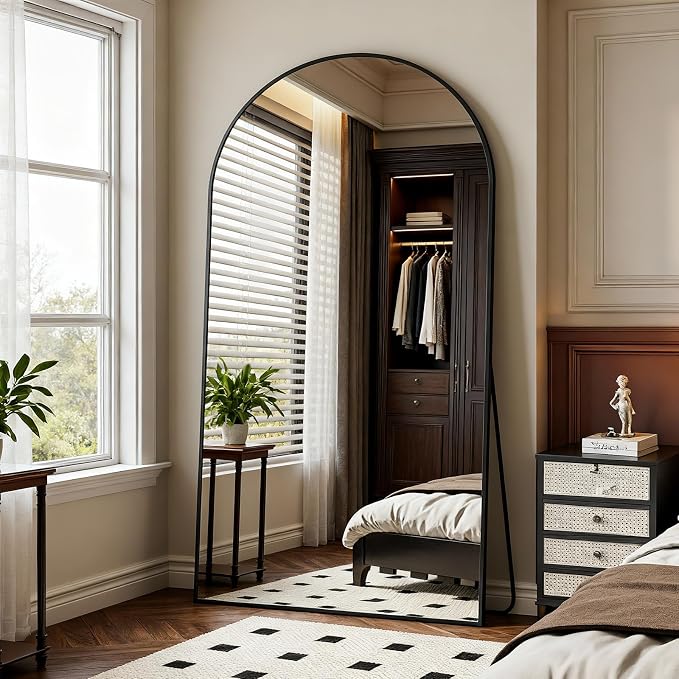 Full Length Mirror 82" L x 44" Full Body Standing Mirror for Bedroom, Living Room, Gym, Dorm - Shatter-Resistant & Easy Assembly, Arched Style Black