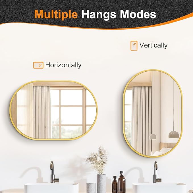 Oval Bathroom Vanity Mirror for Wall, 28''x20'' Gold Oval Bathroom Mirror for Over Sink, Bedroom, Living Room, Entryway, HD Tempered Glass, Wall Mounted Horizontally or Vertically