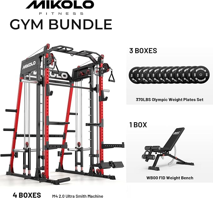 Mikolo M4 2.0 Smith Machine, 2200lbs Squat Rack with LAT-Pull Down System & Cable Crossover Machine, Training Equipment with Leg Hold-Down Attachment