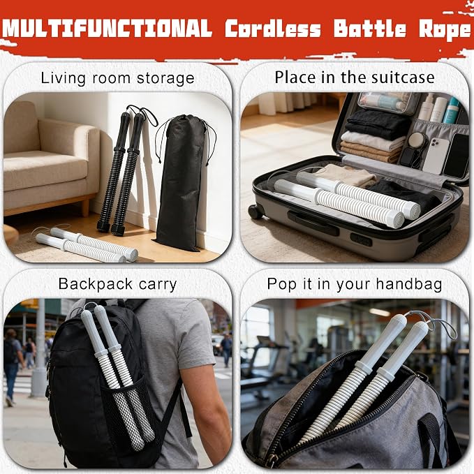 2-in-1 Ropeless Battle Rope & Vibration Bar, Portable Cordless Fitness Ropes for Home Gym, Strength Building, HIIT Training & Low-Impact Aerobic Training for Men and Women