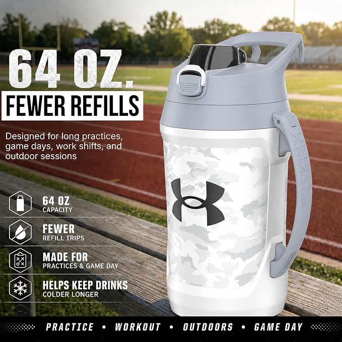 Under Armour Insulated Water Bottle with Handle & Fence Hook, Half Gallon Sports Water Jug, Leak-Resistant & BPA-Free for Baseball, Football & Gym - White Woodland, 64oz