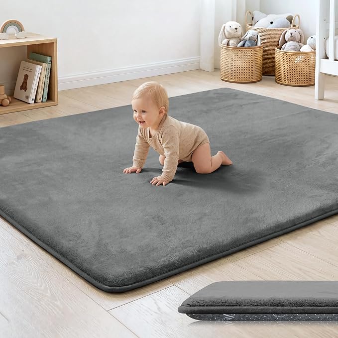 1.3" Thick Baby Floor Play Mat 79x118 Padded Foam Mat Dark Grey | Memory Mat for Baby to Play, Waterproof Easy Care with Non-Slip Tummy Time Play Mat for Nursery Playroom Classroom