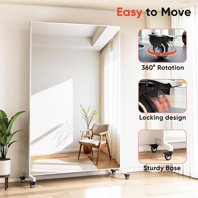 Suidia 82"x44" Extra Large Full Length Mirror on Wheels, 360° Swivel Rolling Mirror Floor, HD Tempered Glass Full Body Standing Mirrors for Home Gym, Yoga, Dance Studio, Bedroom, Rectangular, White