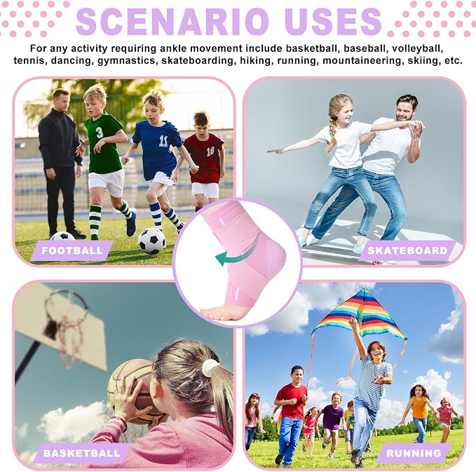 Tarpop 1 Pair Ankle Brace for Kids Compression Ankle Sleeves Adjustable Foot Support Brace Elastic Guard for Children Boys Girls Sports Running Jogging Dance Fitness Gymnastics(Light Pink,Small)